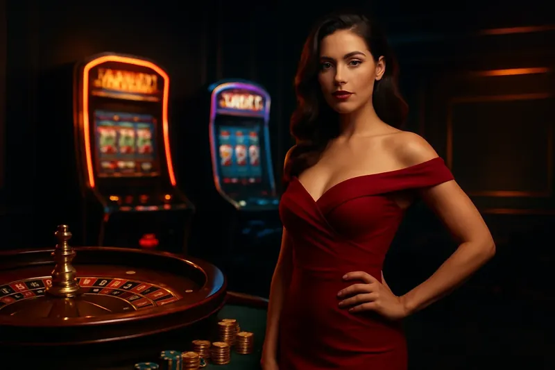 Elegant Casino Banner Beautiful woman in red dress standing confidently near roulette and slot machines with neon accents and gold coins in a luxury Bangladesh casino atmosphere