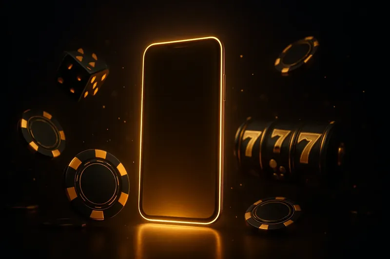Glowing Smartphone Casino Banner Panoramic banner with glowing smartphone, floating casino chips, slot reels, and dice on dark luxury background